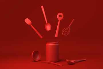 Red Kitchen utensils and baking ingredients floating in Red background. minimal concept idea creative. monochrome. 3D render. - 441072087