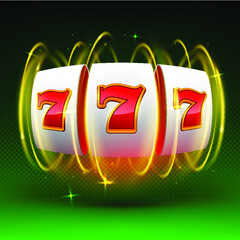 Slot machine wins the jackpot. 777 Big win casino concept. Slot machine on a green background with an explosion of spinning light. Vector illustration