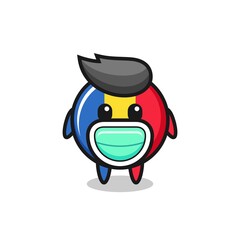 cute romania flag badge cartoon wearing a mask