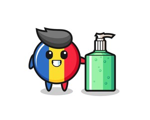 cute romania flag badge cartoon with hand sanitizer