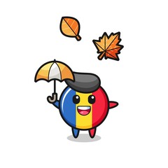 cartoon of the cute romania flag badge holding an umbrella in autumn