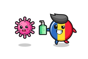 illustration of romania flag badge character chasing evil virus with hand sanitizer