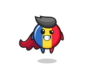 the cute romania flag badge character as a flying superhero