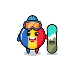 Illustration of romania flag badge character with snowboarding style