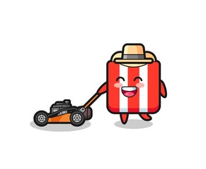 illustration of the popcorn character using lawn mower