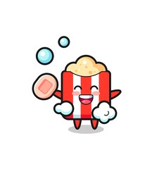 popcorn character is bathing while holding soap