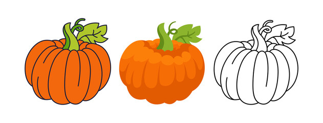 Pumpkin flat cartoon set line icon, black doodle style. Ripe whole pumpkins. Halloween or Thanksgiving Day festival symbol harvest collection. Comic agricultural hand drawn vegetable icon vector