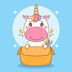 Cute unicorn character playing in a box. Cartoon design illustration
