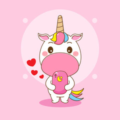 Cute unicorn character playing with smartphone. Cartoon design illustration