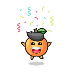 happy apricot mascot jumping for congratulation with colour confetti