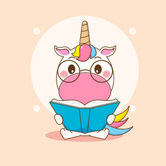 Cute unicorn character with glasses reading a book. Cartoon design illustration