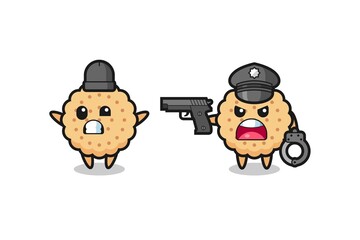 Obraz premium illustration of round biscuits robber with hands up pose caught by police