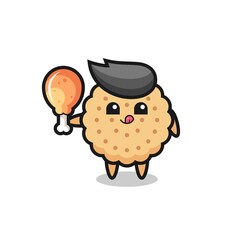 round biscuits cute mascot is eating a fried chicken