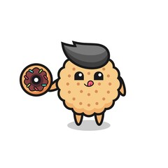 illustration of an round biscuits character eating a doughnut