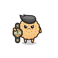 round biscuits mascot character as a MMA fighter with the champion belt