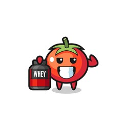 the muscular tomatoes character is holding a protein supplement