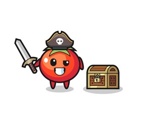 the tomatoes pirate character holding sword beside a treasure box
