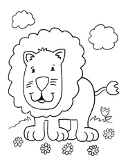 Stickers pour porte Dessin animé Lion mignon Coloriage Livre Page Vector Illustration Art
