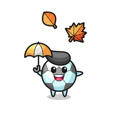 cartoon of the cute football holding an umbrella in autumn