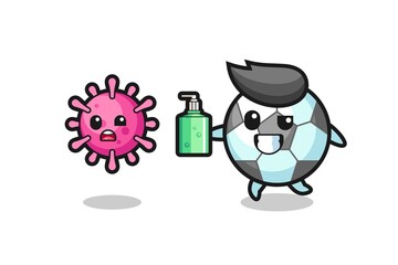 illustration of football character chasing evil virus with hand sanitizer