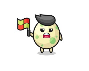 spotted egg character as line judge putting the flag up