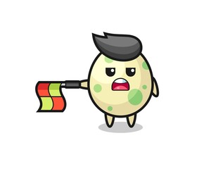 spotted egg character as line judge hold the flag straight horizontally