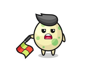 spotted egg character as line judge hold the flag down at a 45 degree angle