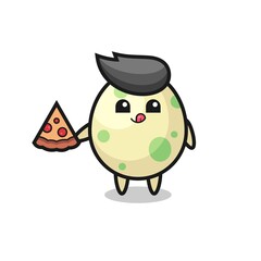 cute spotted egg cartoon eating pizza