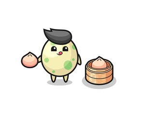 cute spotted egg character eating steamed buns