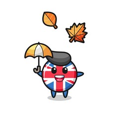 cartoon of the cute united kingdom flag badge holding an umbrella in autumn