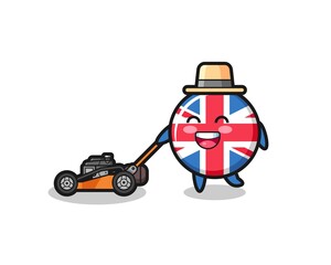 illustration of the united kingdom flag badge character using lawn mower