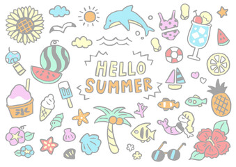 手描き　シンプル　かわいい夏の素材セット（シャーベットカラー）