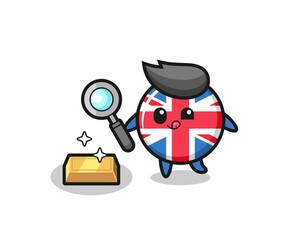 united kingdom flag badge character is checking the authenticity of the gold bullion