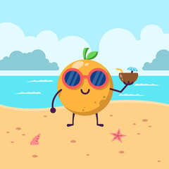 Cute orange wearing glasses on summer theme beach. Flat design style. suitable for stickers, banners, advertisements, promotions, children's books and others.
