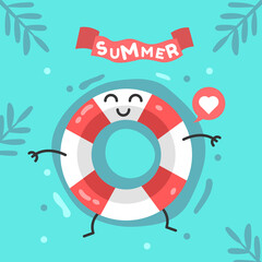 Cute red pool ring floating in a blue swimming pool. Summer flat vector illustration. Sticker, icon, banner, advertisement, promotion and more.