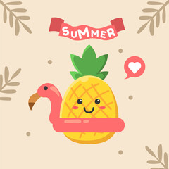 Cute summer fruits for healthy lifestyle. Pineapple fruit. Cute pineapple floats on pink flamingo rubber ring.