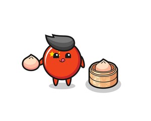 cute china flag badge character eating steamed buns