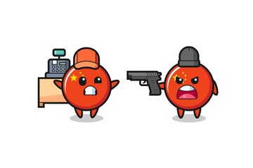 Fototapeta premium illustration of the cute china flag badge as a cashier is pointed a gun by a robber