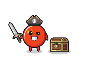 Fototapeta premium the china flag badge pirate character holding sword beside a treasure box