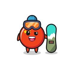 Illustration of china flag badge character with snowboarding style