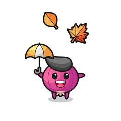 cartoon of the cute onion holding an umbrella in autumn
