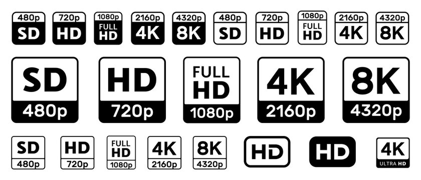 Set Of Video Quality Icons. HD, Full HD, UHD, 4K, 8K, SD Signs.