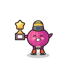 onion cartoon as an ice skating player hold winner trophy