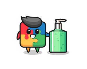 cute puzzle cartoon with hand sanitizer