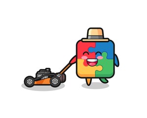 illustration of the puzzle character using lawn mower