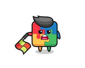 puzzle character as line judge hold the flag down at a 45 degree angle