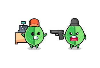 illustration of the cute leaf as a cashier is pointed a gun by a robber