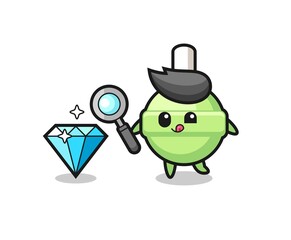 lollipop mascot is checking the authenticity of a diamond