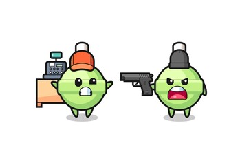 Obraz premium illustration of the cute lollipop as a cashier is pointed a gun by a robber