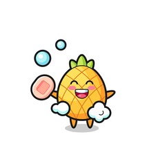 pineapple character is bathing while holding soap